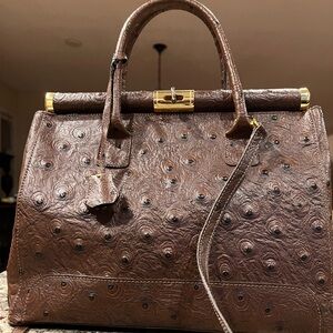 Italian Vera Pelle Chocolate Brown Stamped Ostrich Leather handle/Shoulder Bag